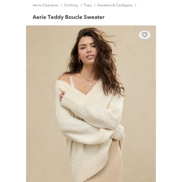 Aerie Teddy V Neck Boucle Sweater With Ribbed Trim In Natural Size XL - Picture 1 of 9
